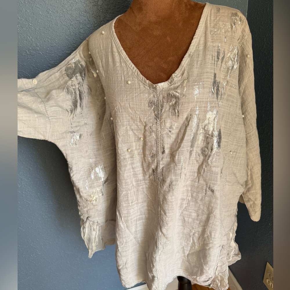 Grey Silver Metallic Women's Linen Blouse Made in Italy pearl detail EU Size 2